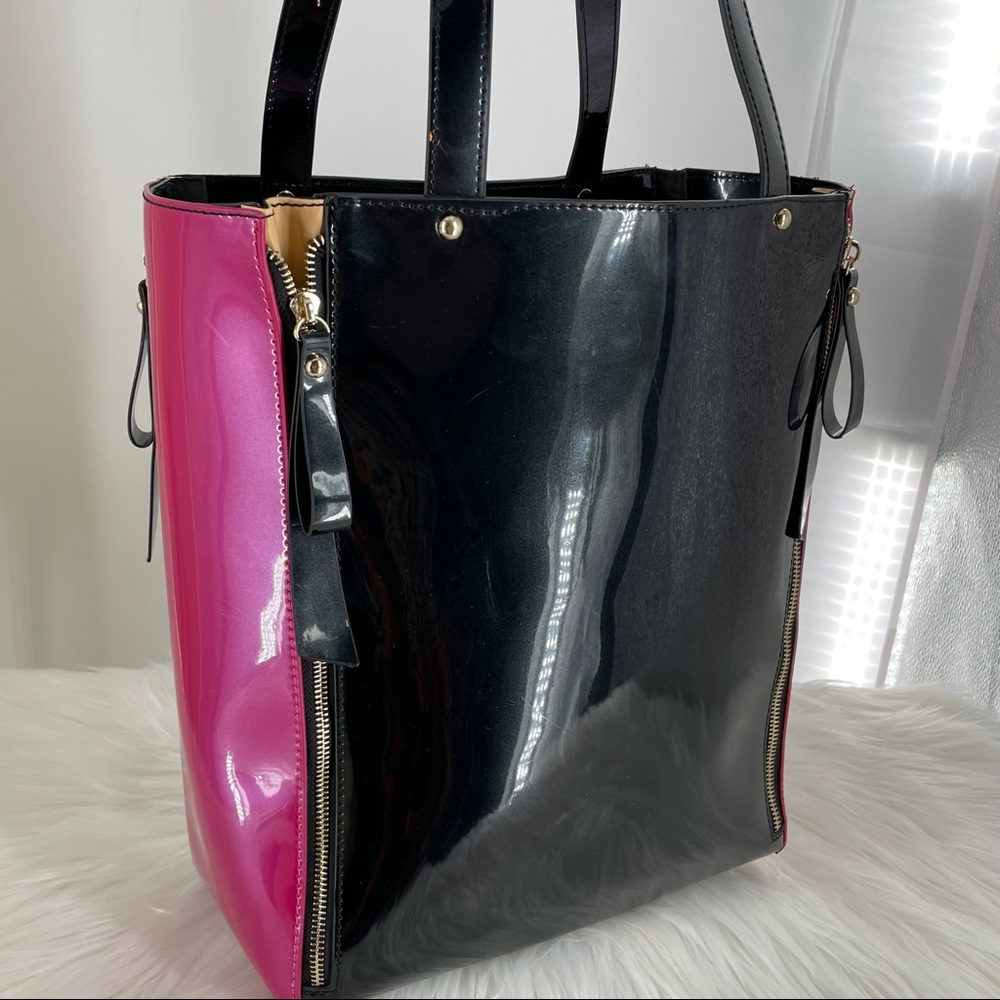 Lionel Vegan Patent Leather Black & Fuchsia Expandable Tote